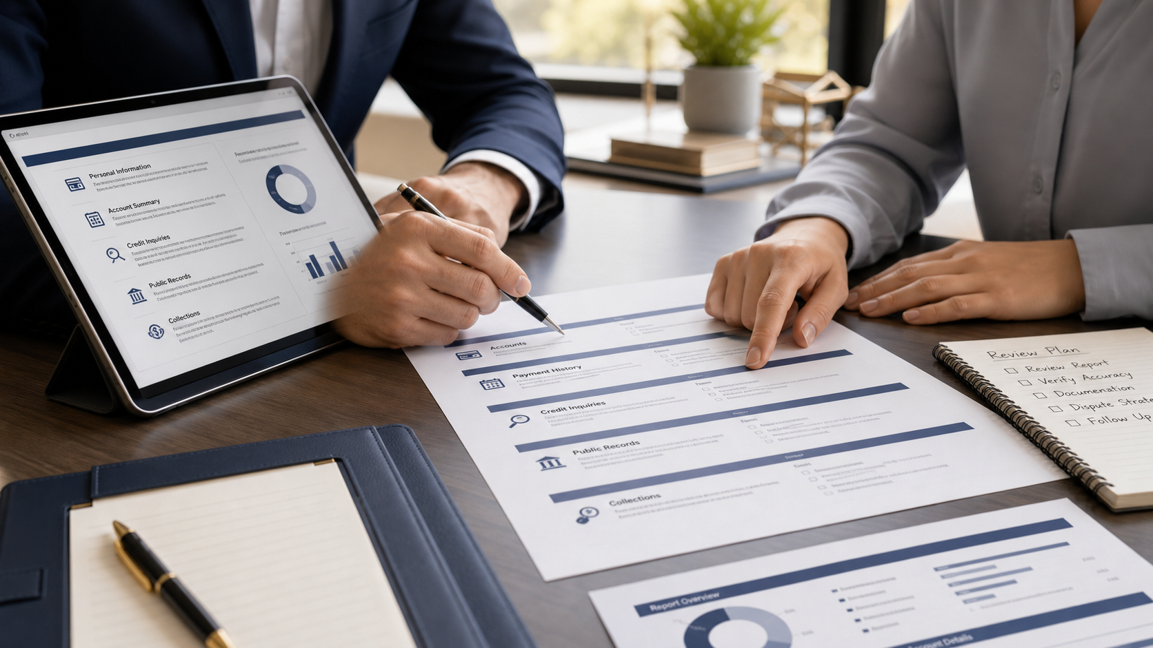 Private credit report advisor consultation table with documents and notes