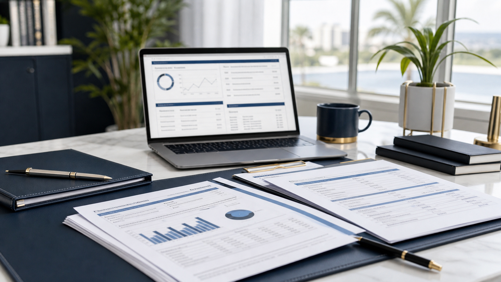 Florida credit report review consultation with organized documents and laptop